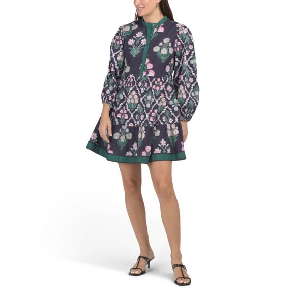 CELINA MOON Navy/pink Long Sleeve Mock Neck Floral Print Mini Dress - Picture 1 of 2